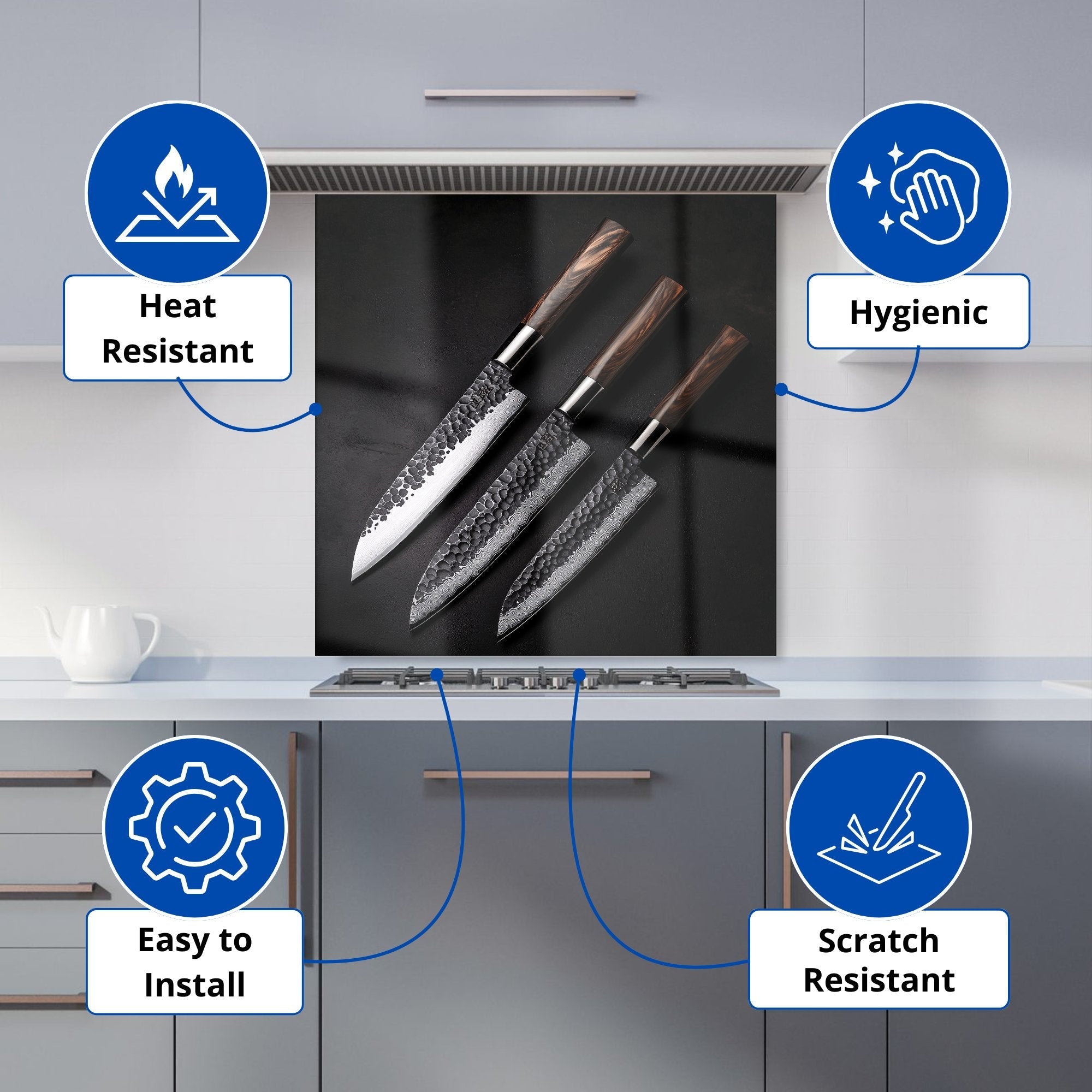 Elegant Trio of Chef's Blades Kitchen Splashback