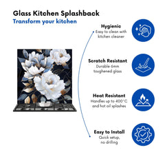 Elegant Floral Symphony in Blue and Gold Kitchen Splashback