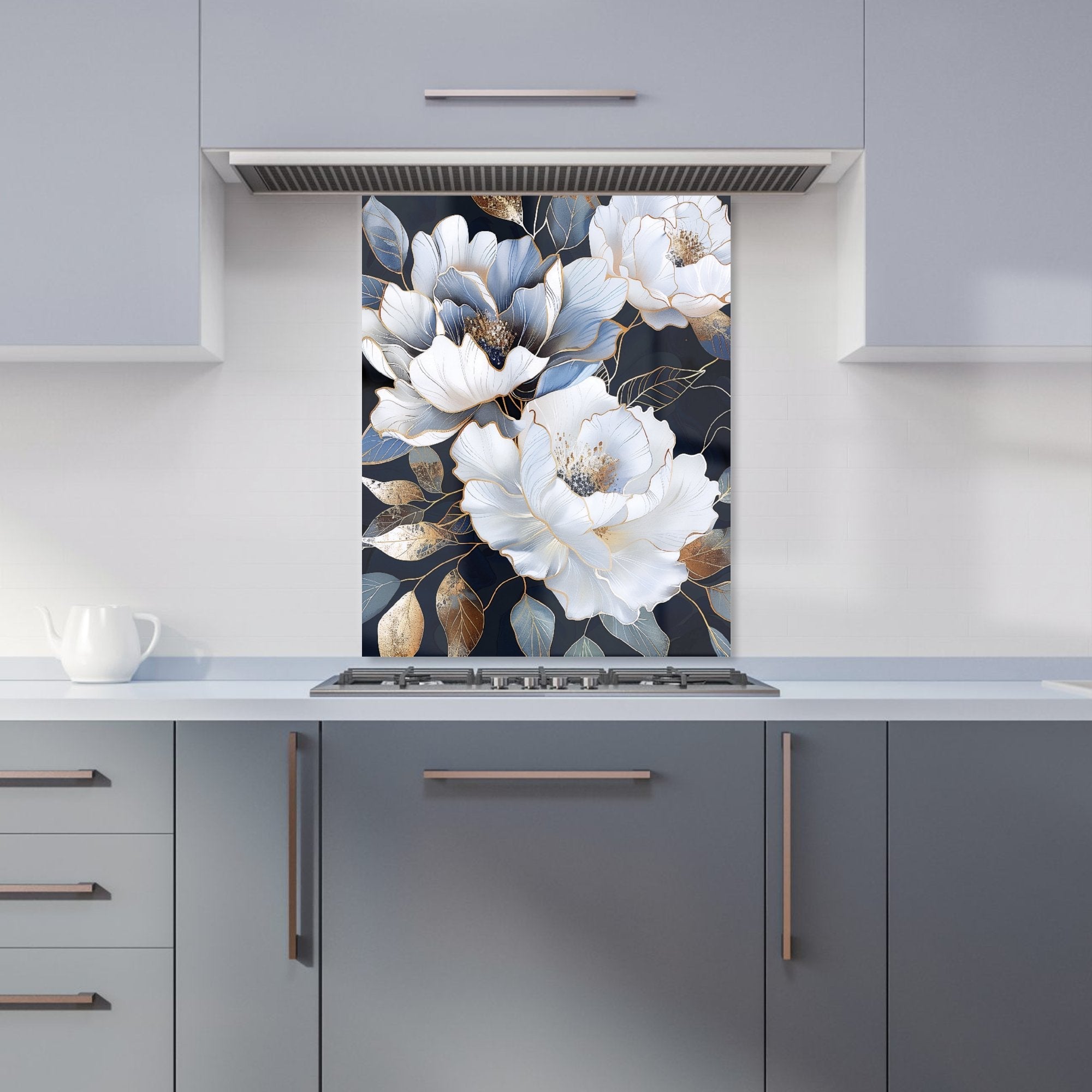 Elegant Floral Symphony in Blue and Gold Kitchen Splashback