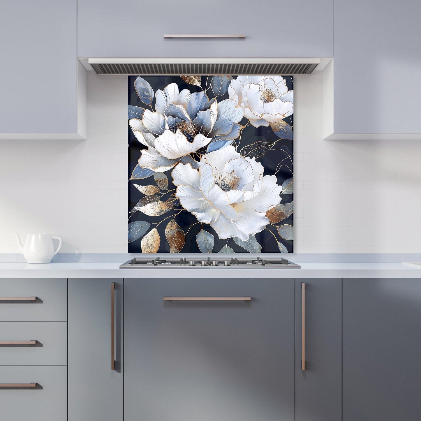 Elegant Floral Symphony in Blue and Gold Kitchen Splashback