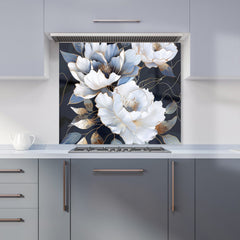 Elegant Floral Symphony in Blue and Gold Kitchen Splashback