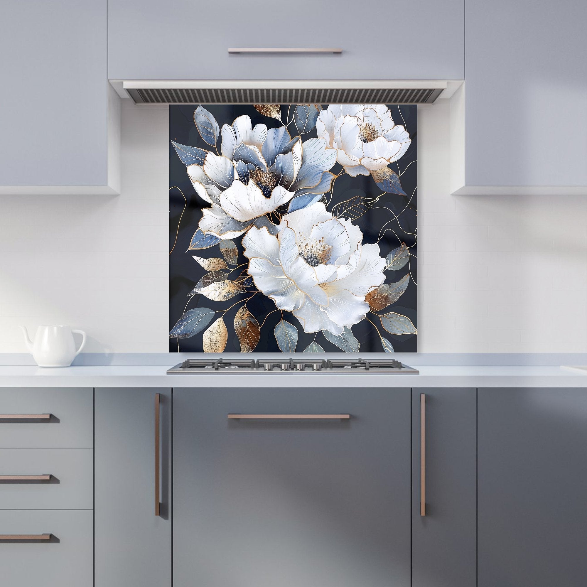 Elegant Floral Symphony in Blue and Gold Kitchen Splashback