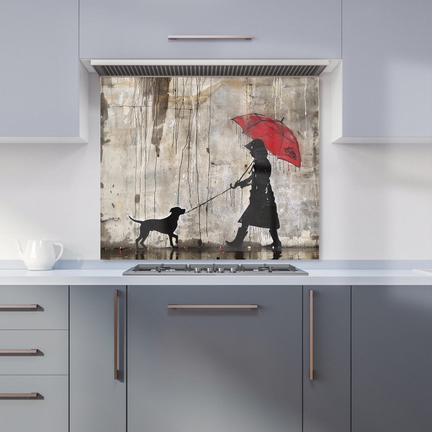 Rainy Day Walk with Red Umbrella Kitchen Splashback