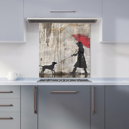 Rainy Day Walk with Red Umbrella Kitchen Splashback