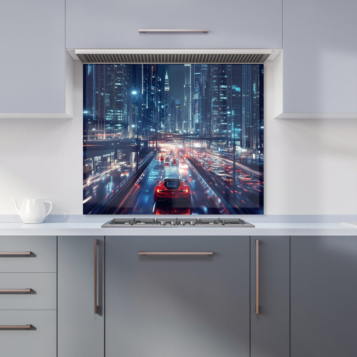 Red Streak through Nighttime Dubai Kitchen Splashback