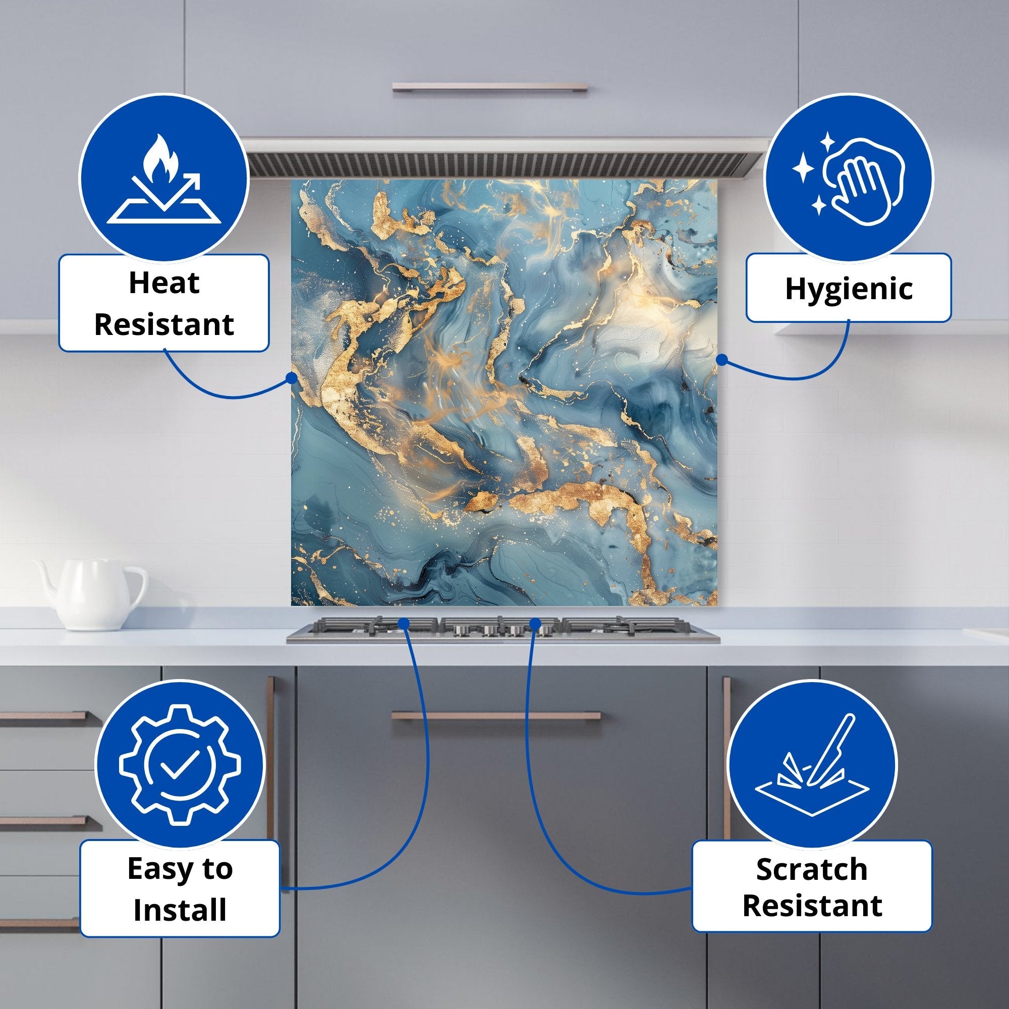 Azure And Gold Marble Effect Kitchen Splashback