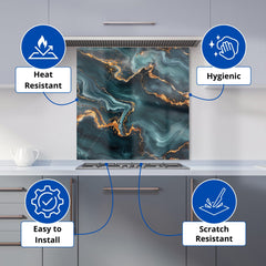 Gold, Blue Marble Effect Kitchen Splashback