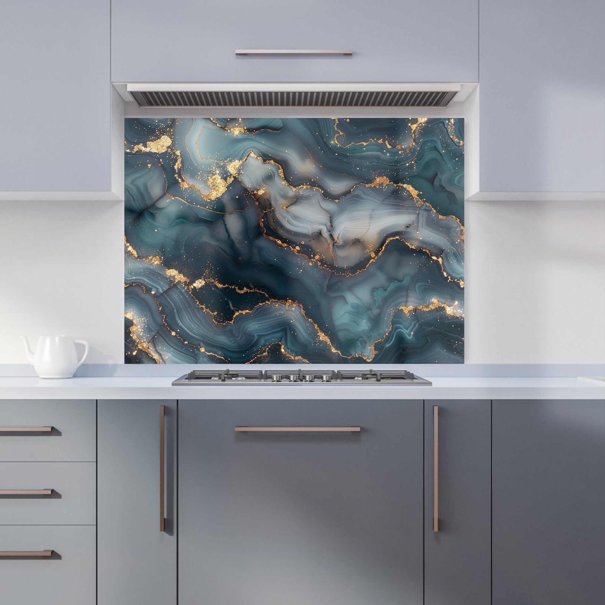 Blues And Gold Marble Effect Kitchen Splashback