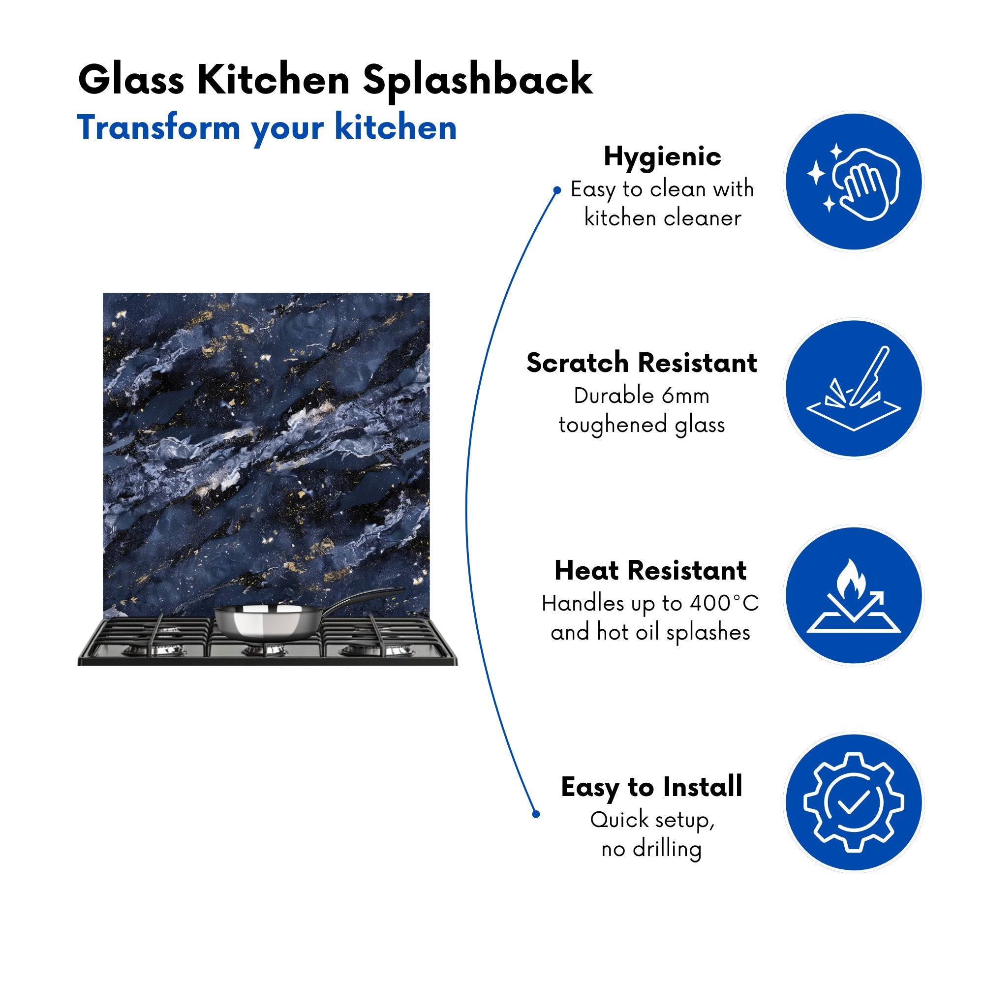 Deep Ocean Blue Quartz Effect Kitchen Splashback