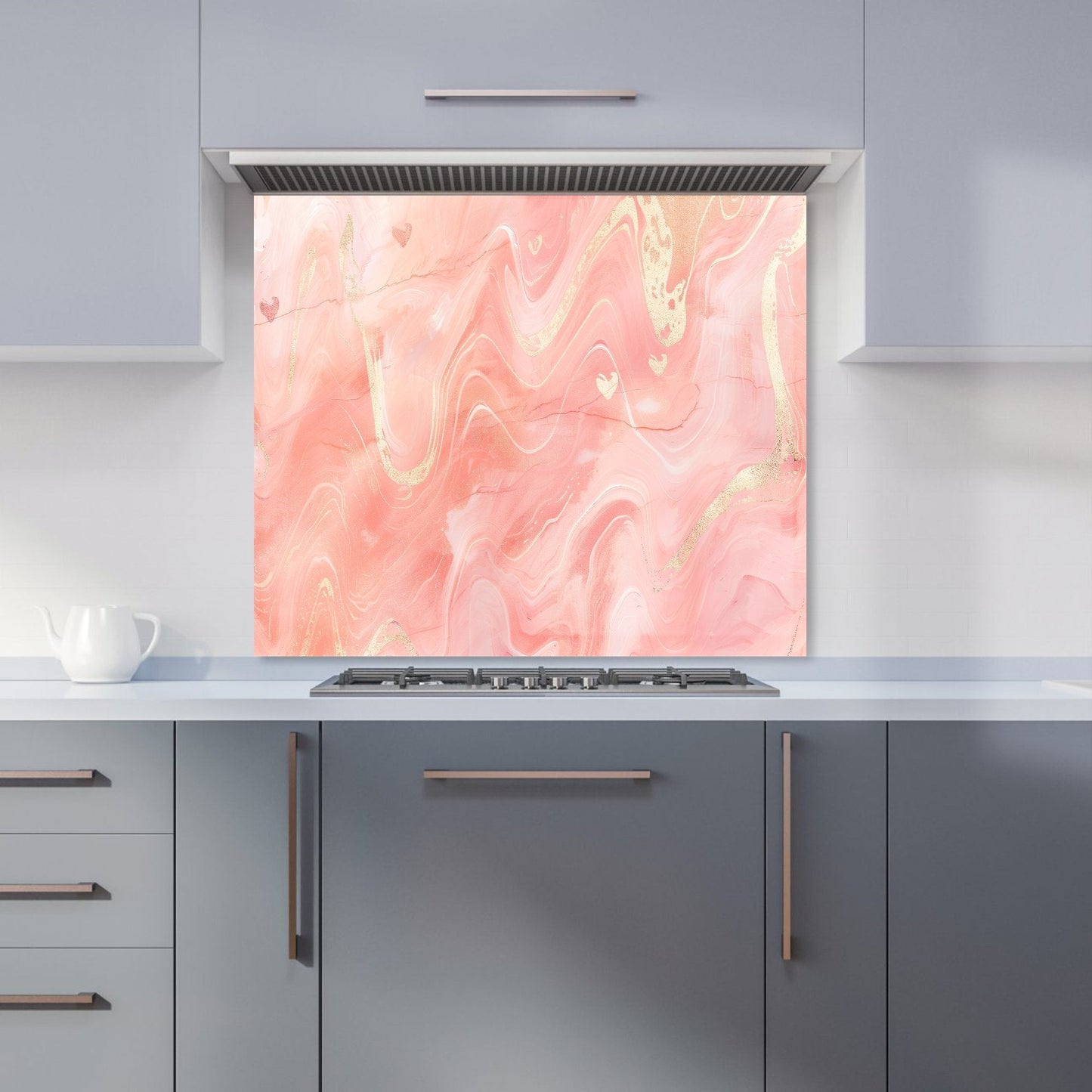 Salmon Pink Hearts Marble Effect Kitchen Splashback