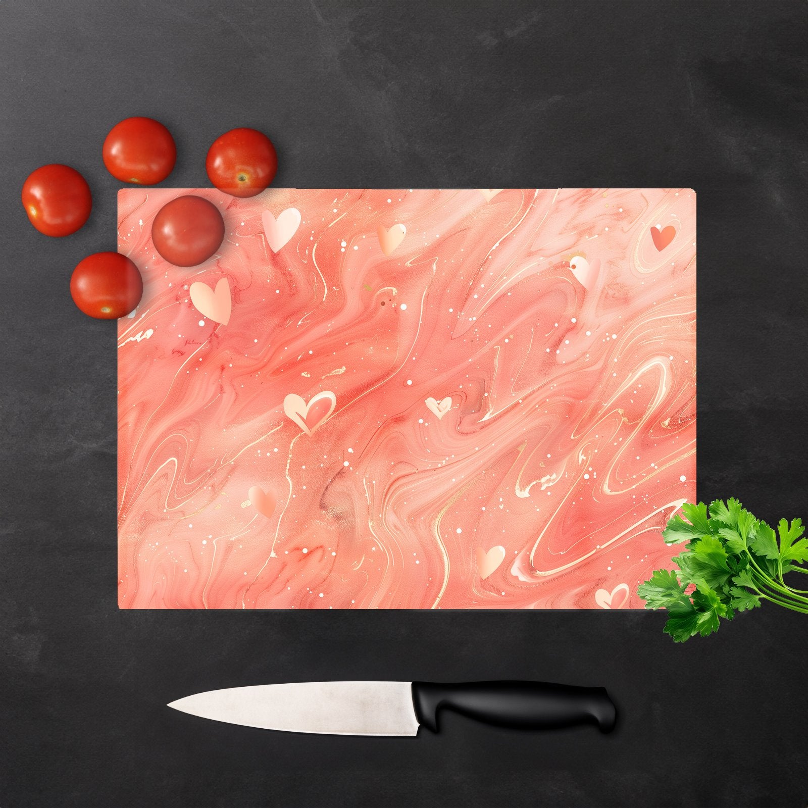 Salmon Pink With Hearts Marble Effect Chopping Board