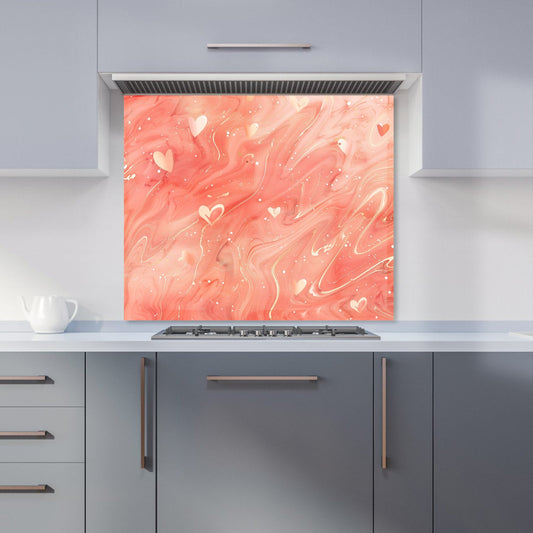 Salmon Pink With Hearts Marble Effect Kitchen Splashback