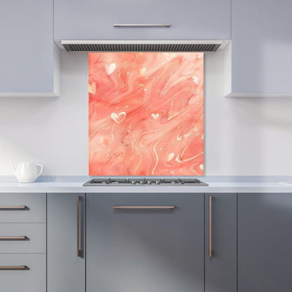 Salmon Pink With Hearts Marble Effect Kitchen Splashback