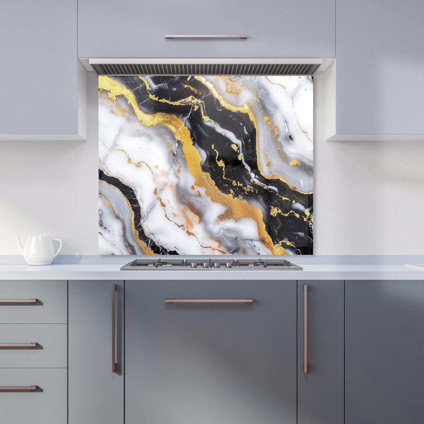 White Backed With Gold Marble Effect Kitchen Splashback