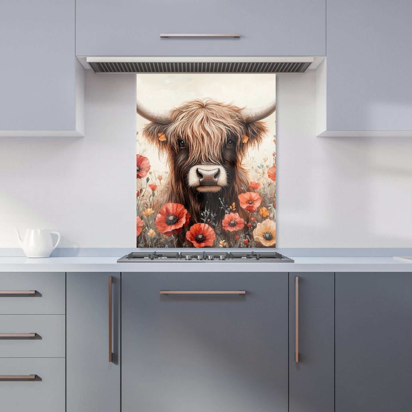 Highland Cow And Summer Flowers Kitchen Splashback