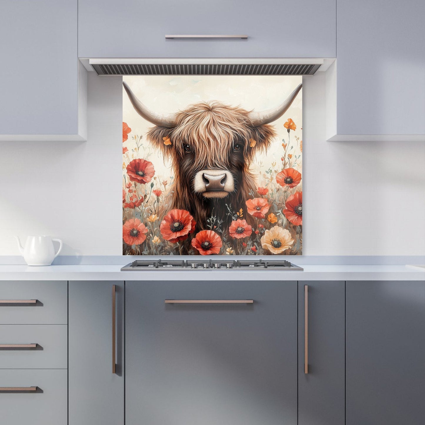 Highland Cow And Summer Flowers Kitchen Splashback