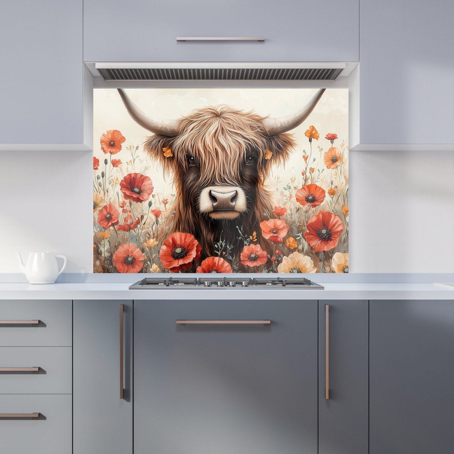 Highland Cow And Summer Flowers Kitchen Splashback