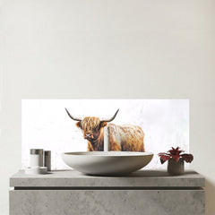 Highland Cow Watercolour Glass Bathroom Splashback
