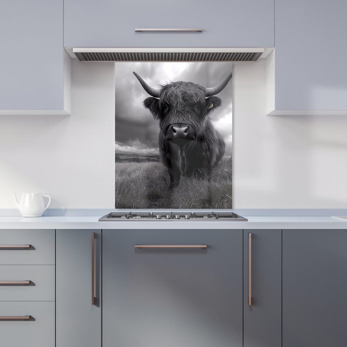 Black And White Highland Cow Kitchen Splashback