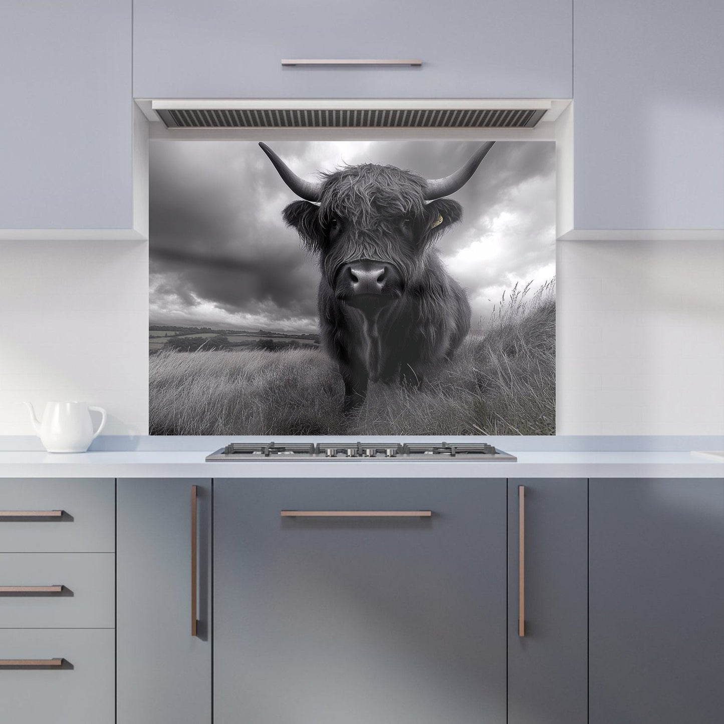 Black And White Highland Cow Kitchen Splashback