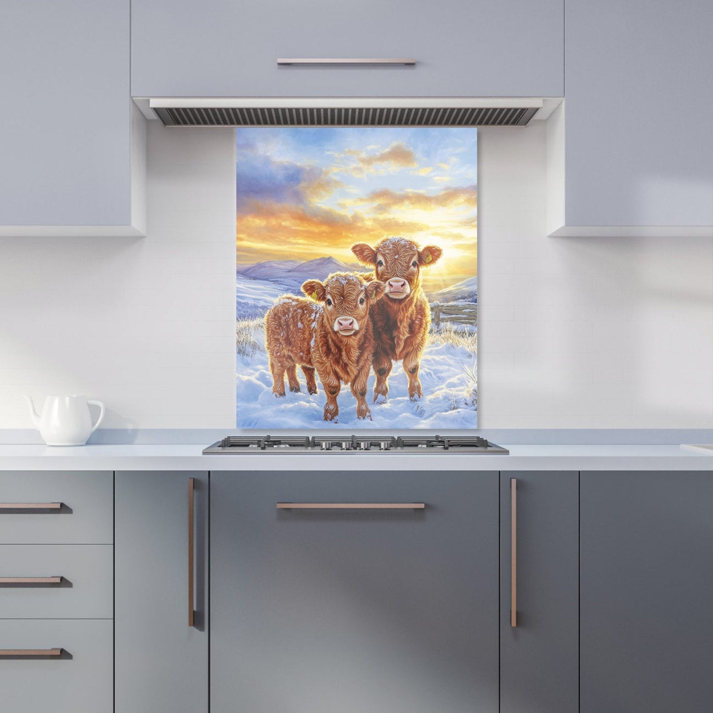 Snowy Baby Highland Cows Kitchen Splashback