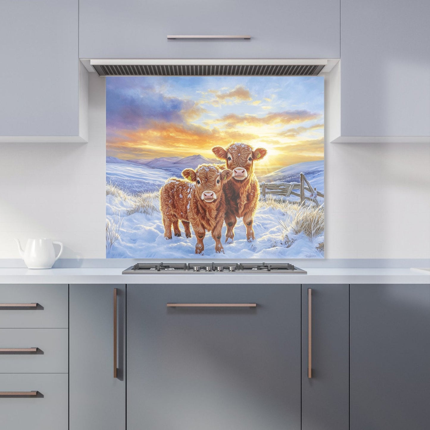 Snowy Baby Highland Cows Kitchen Splashback