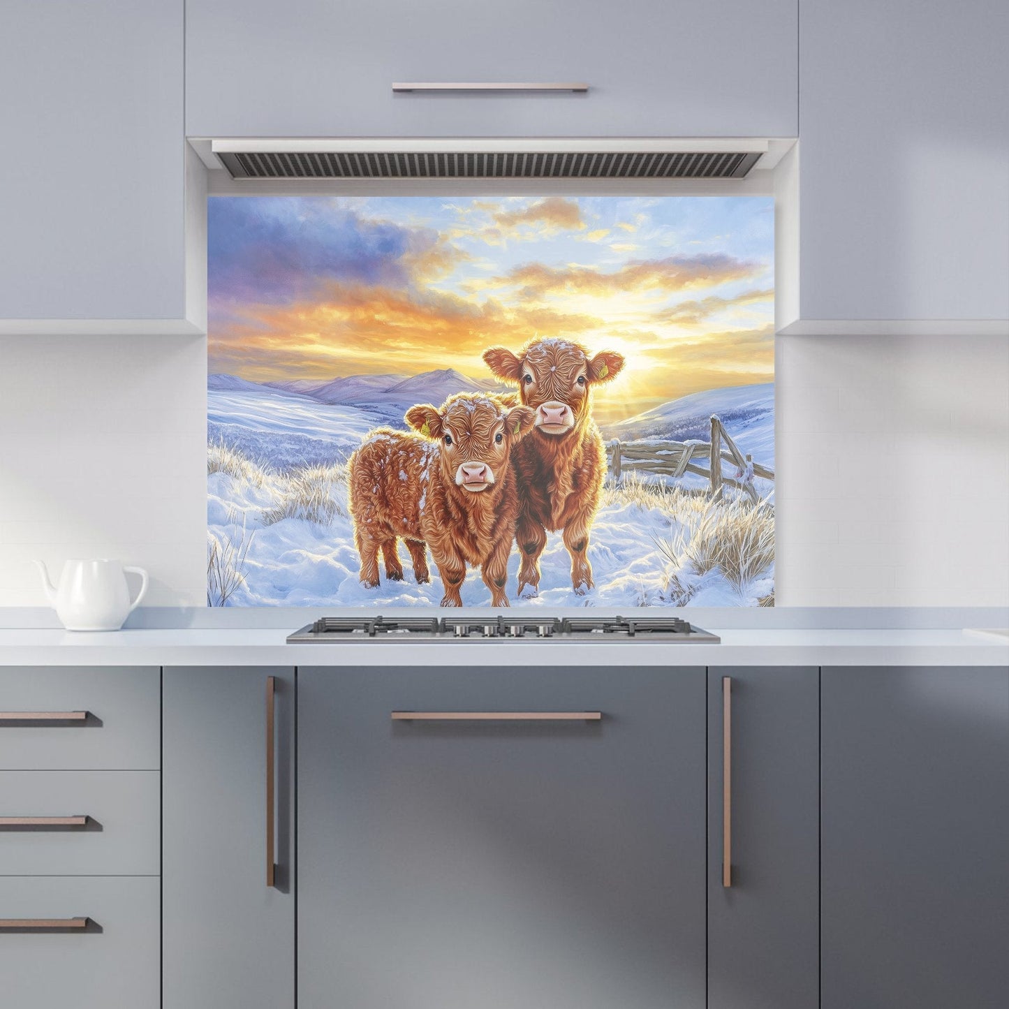 Snowy Baby Highland Cows Kitchen Splashback