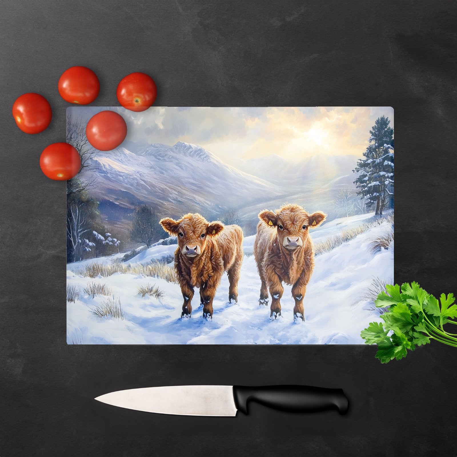 Due Of Baby Highland Cows Glass Chopping Board