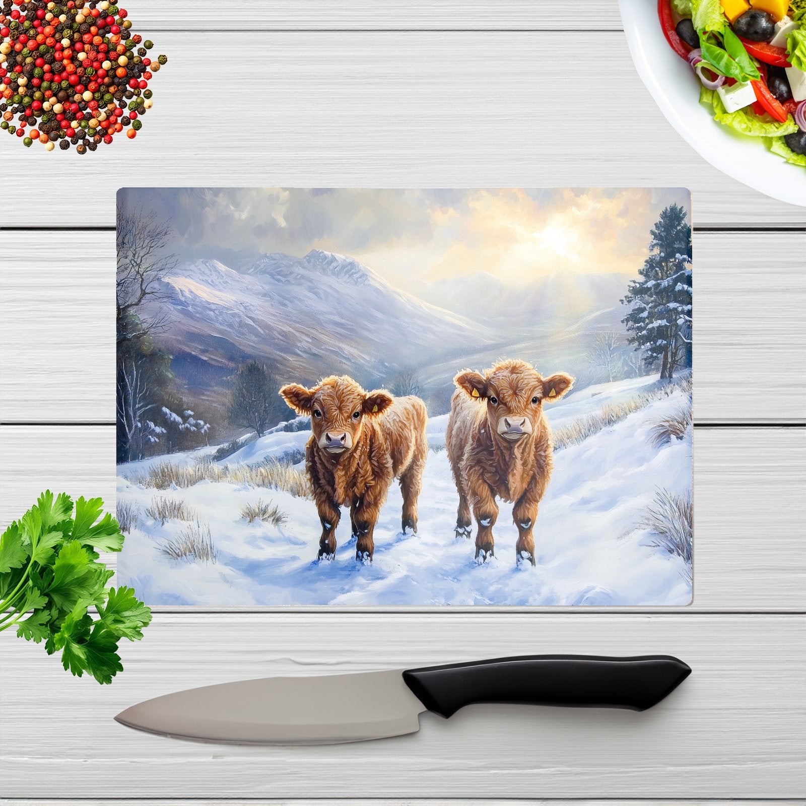 Due Of Baby Highland Cows Glass Chopping Board