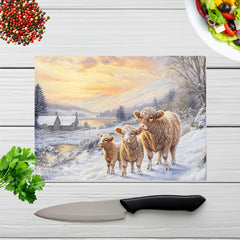 Family Of Highland Cows Glass Chopping Board