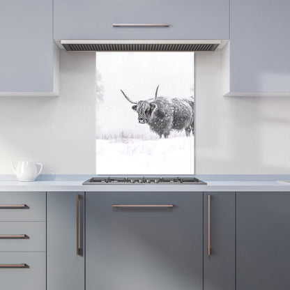 Snowy Black And White Highland Cow Kitchen Splashback