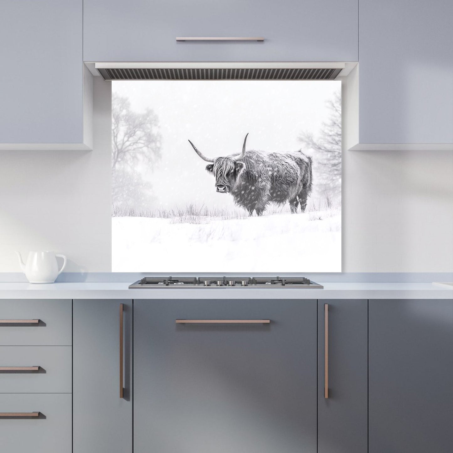 Snowy Black And White Highland Cow Kitchen Splashback