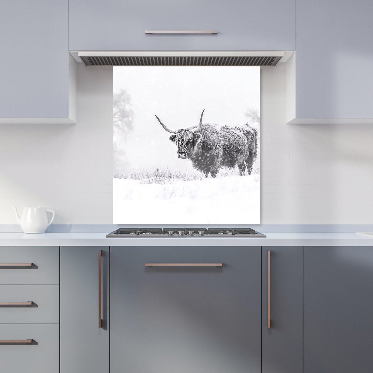 Snowy Black And White Highland Cow Kitchen Splashback