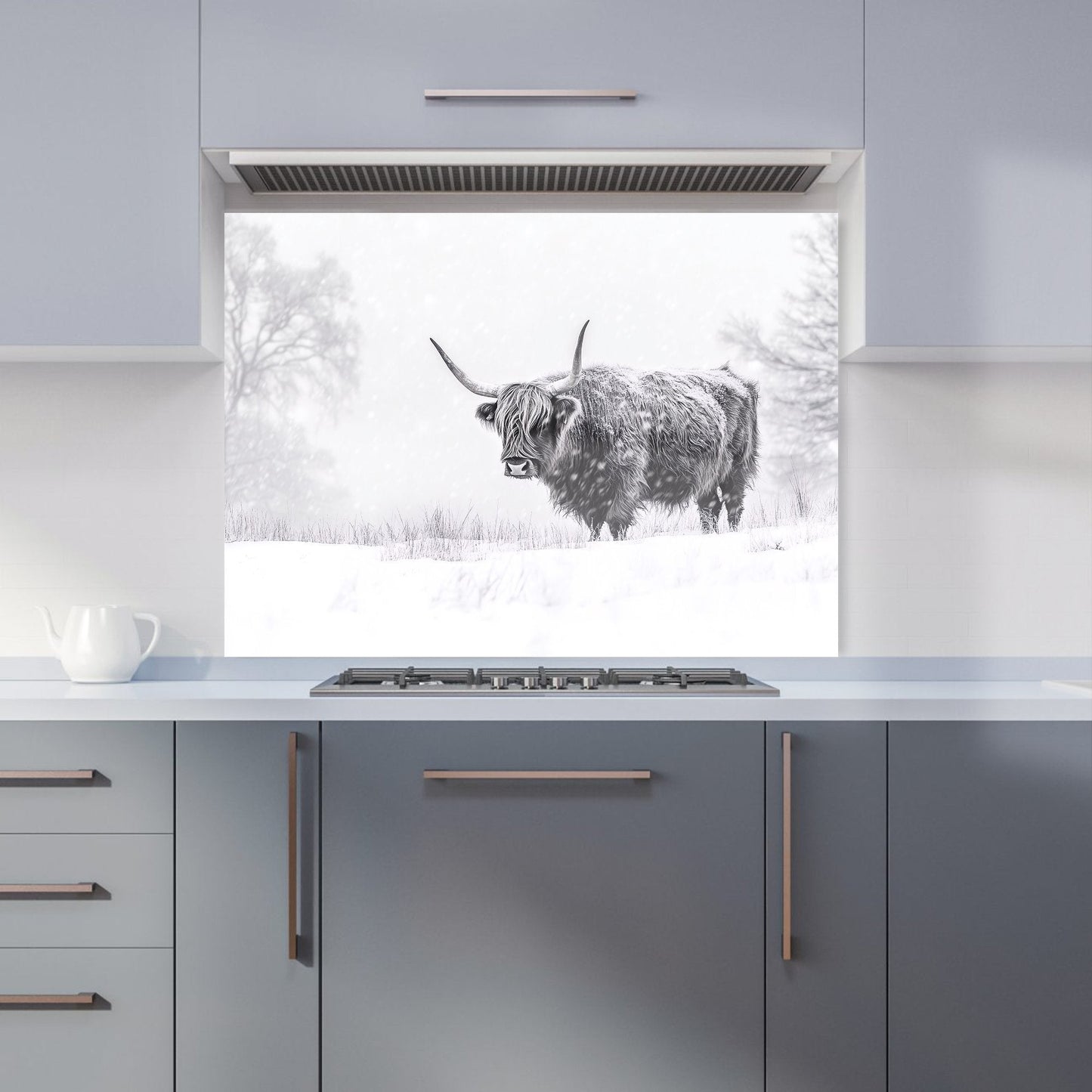 Snowy Black And White Highland Cow Kitchen Splashback