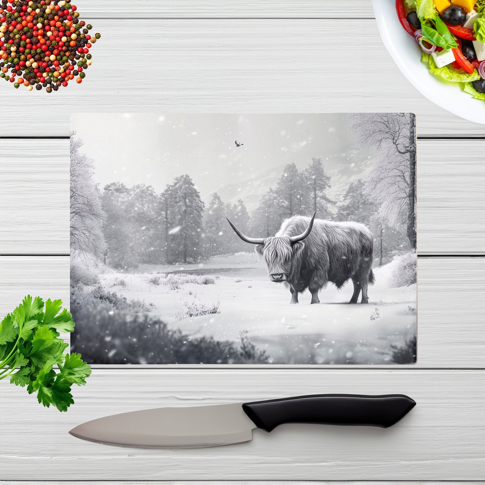 Snow Storm Highland Cow Glass Chopping Board