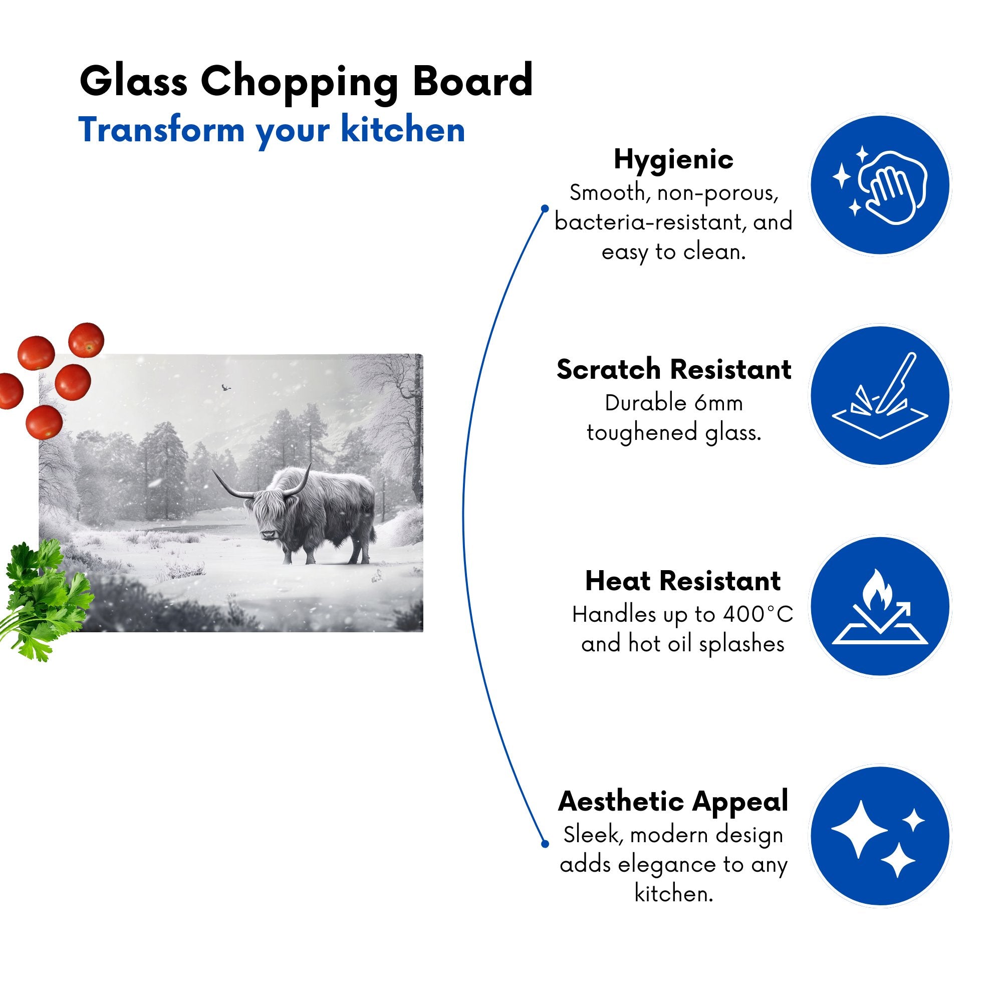 Snow Storm Highland Cow Glass Chopping Board