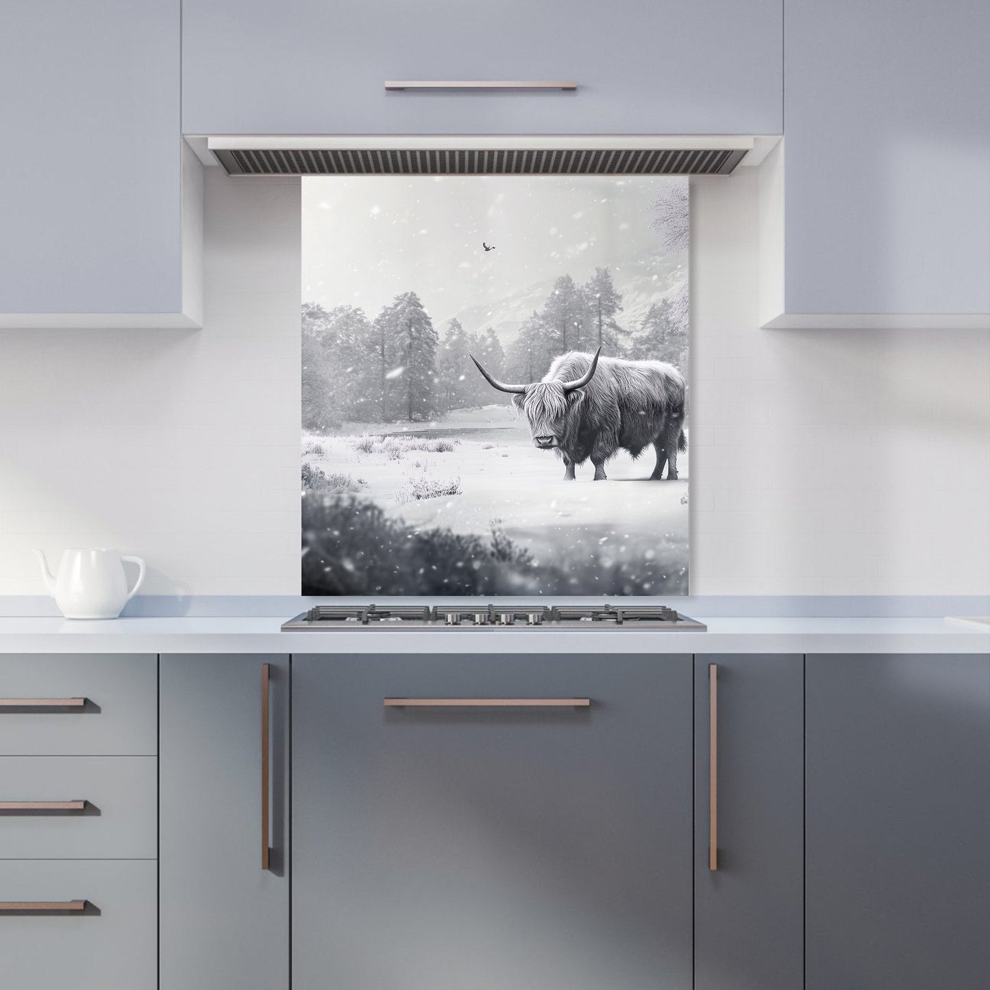 Snow Storm Highland Cow Kitchen Splashback