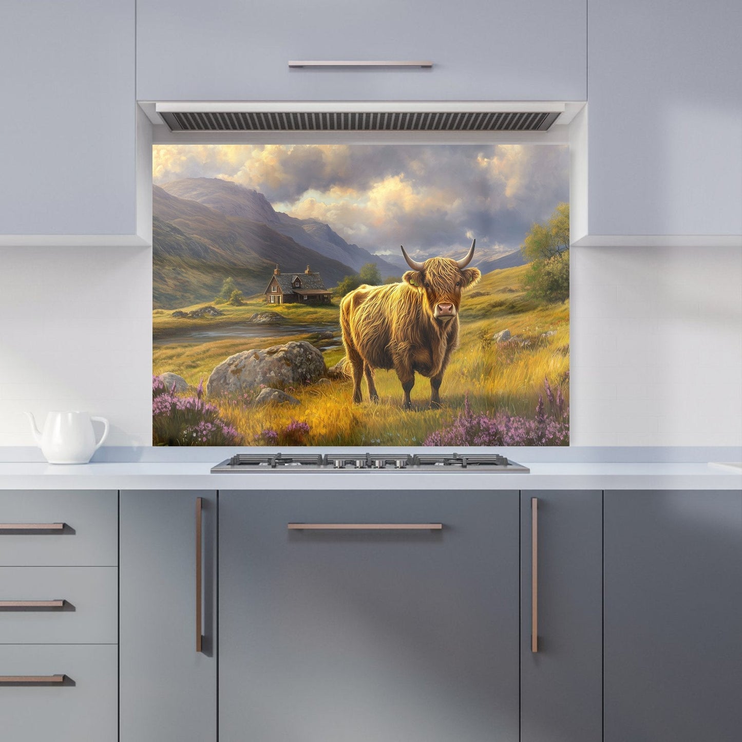 Springtime Highland Cow Kitchen Splashback