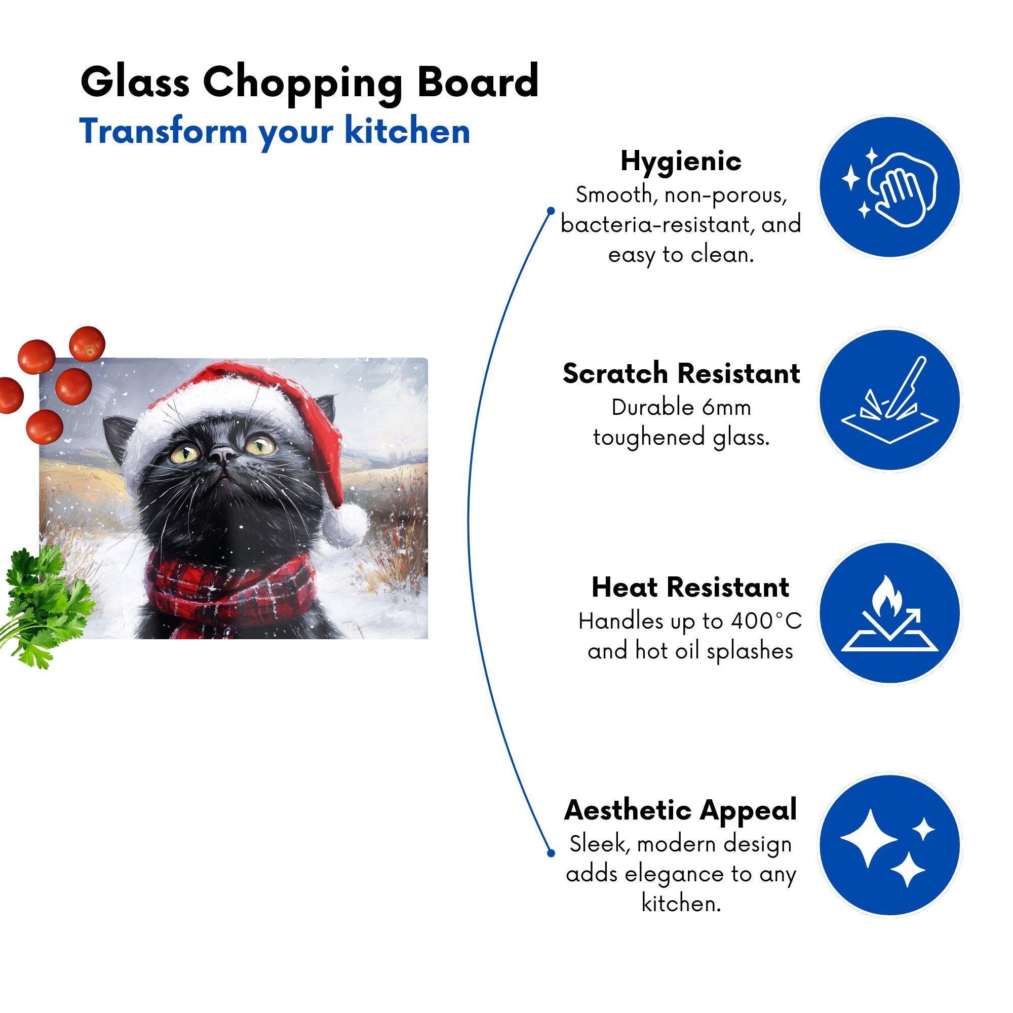 Black Snowy Christmas Cat Glass Chopping Board