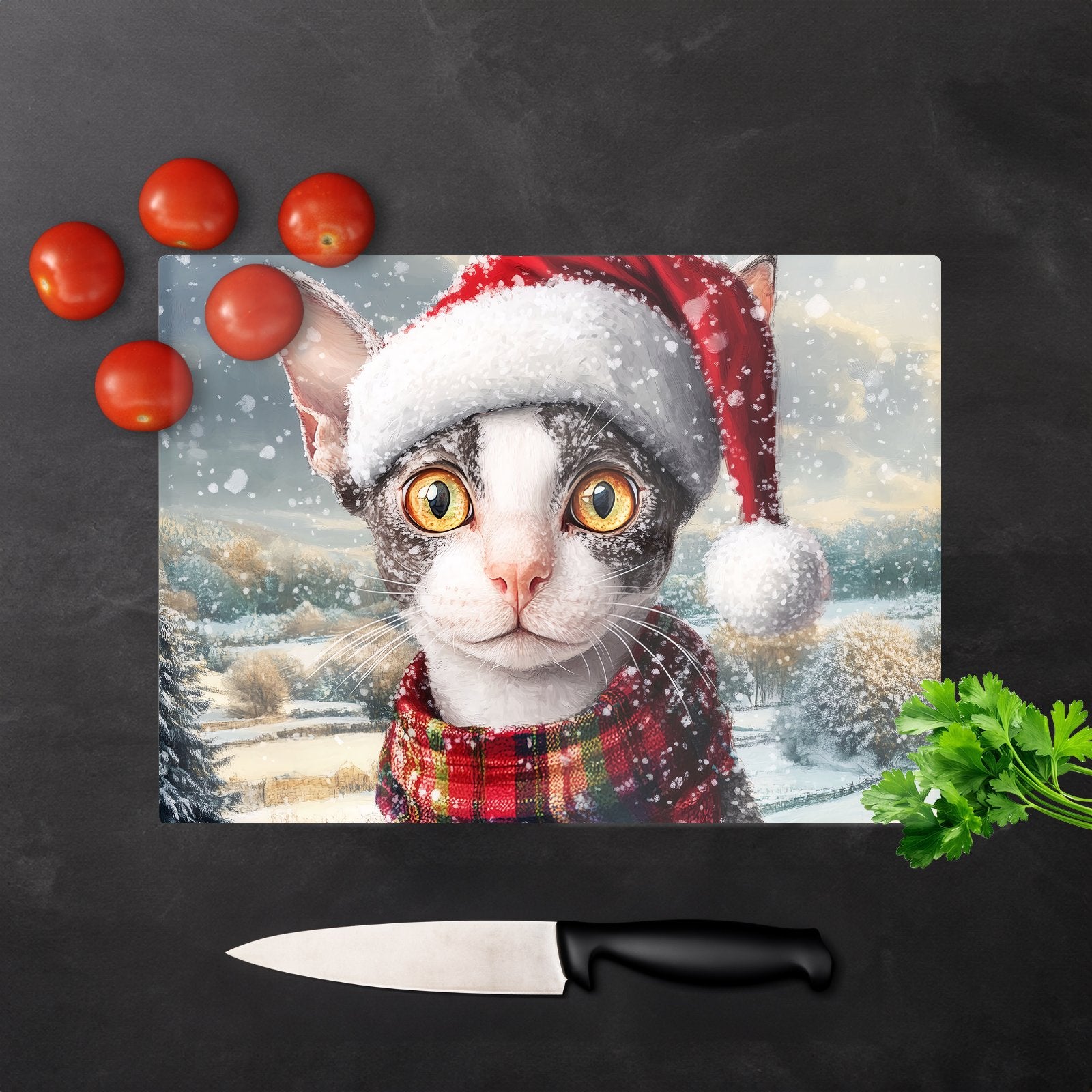 Christmas Cornish Rex Glass Chopping Board