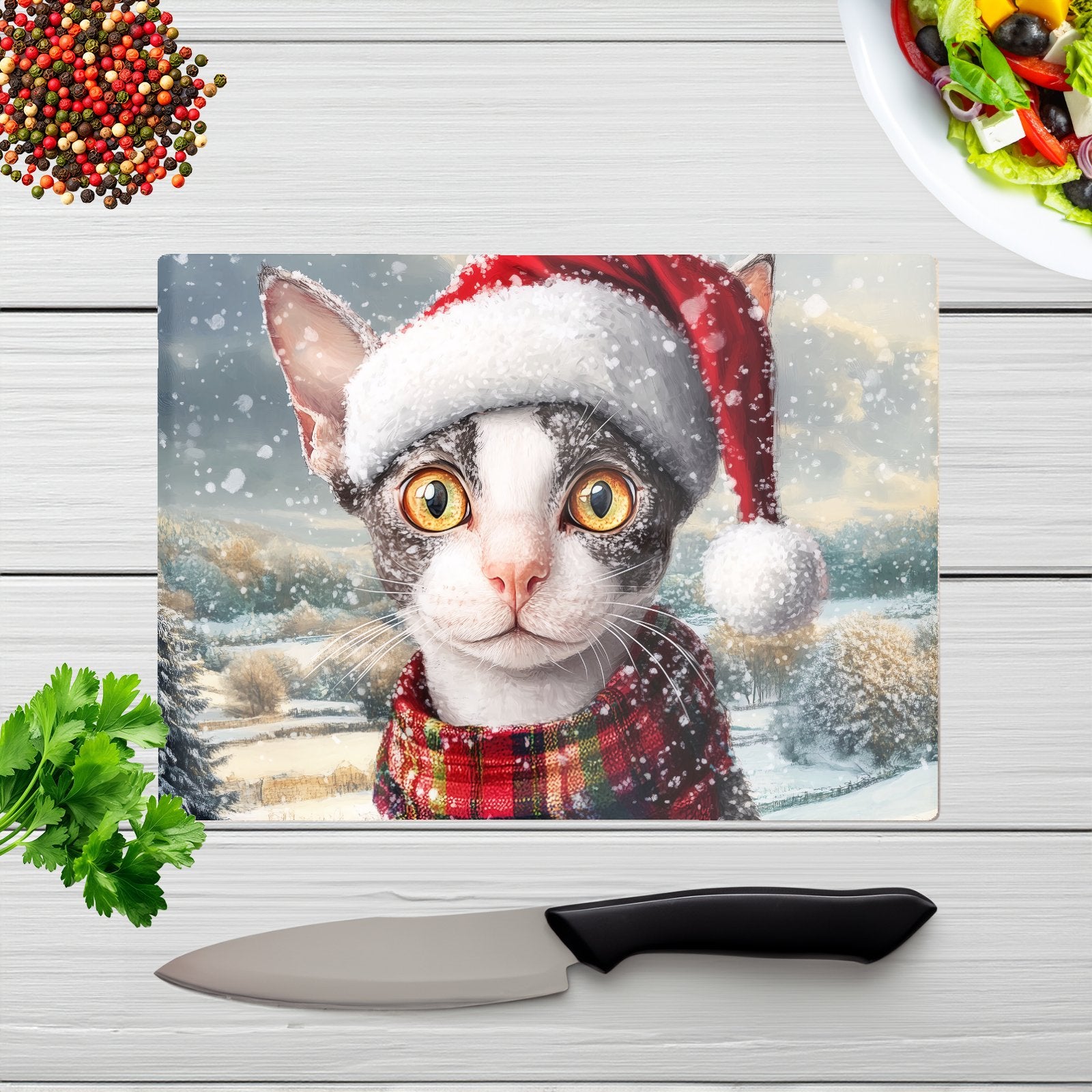 Christmas Cornish Rex Glass Chopping Board