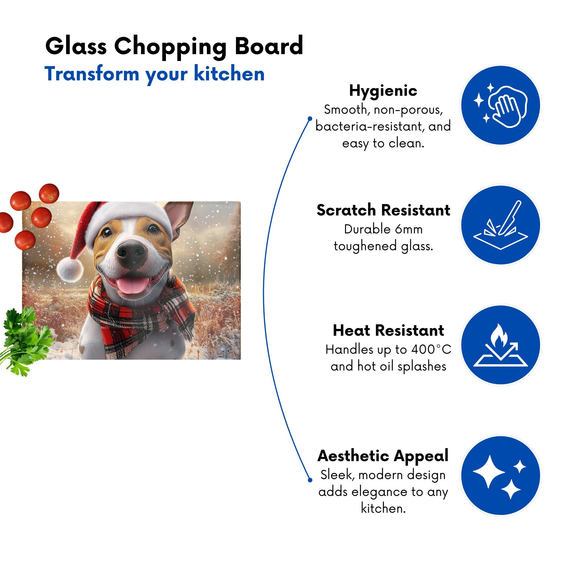 Snowy Christmas English Bull Terrier Dog Glass Chopping Board