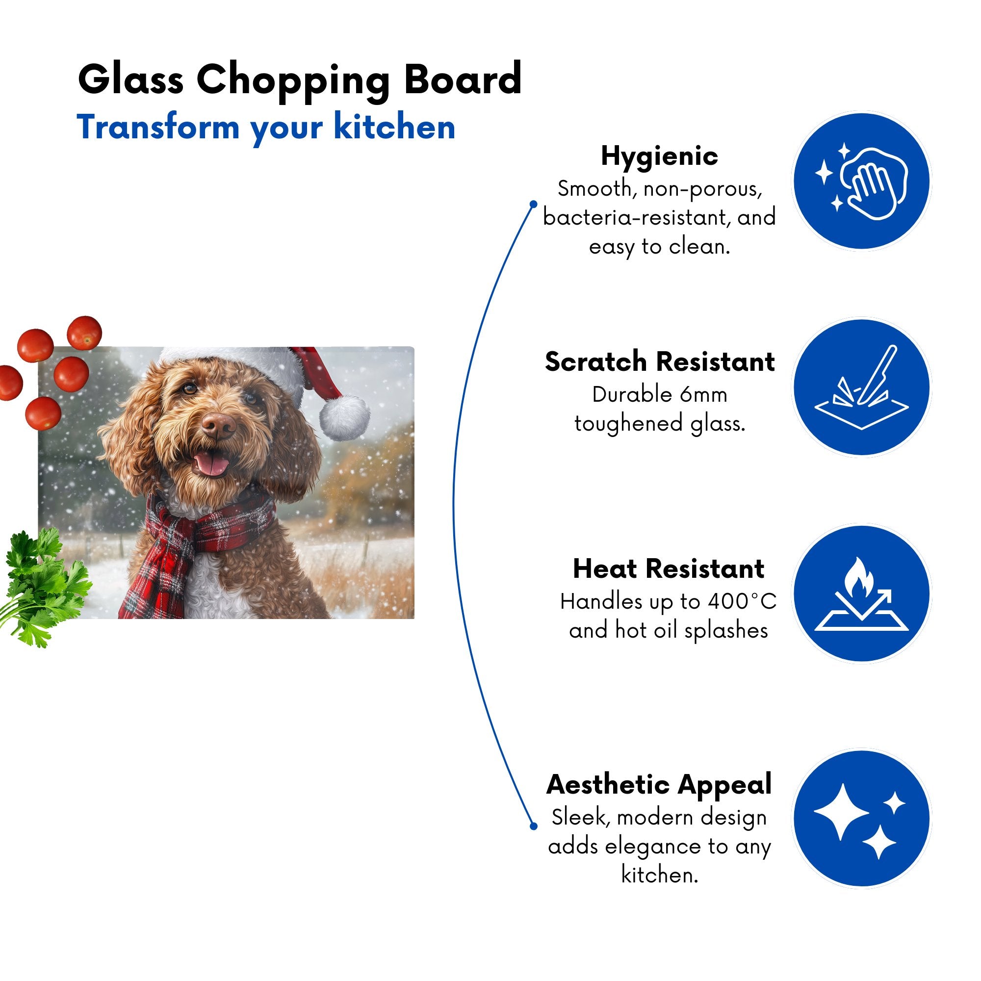 Snowy Christmas Labradoodle Glass Chopping Board