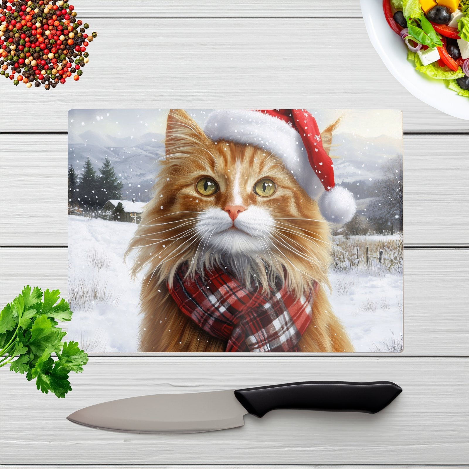 Christmas Ginger Cat Glass Chopping Board