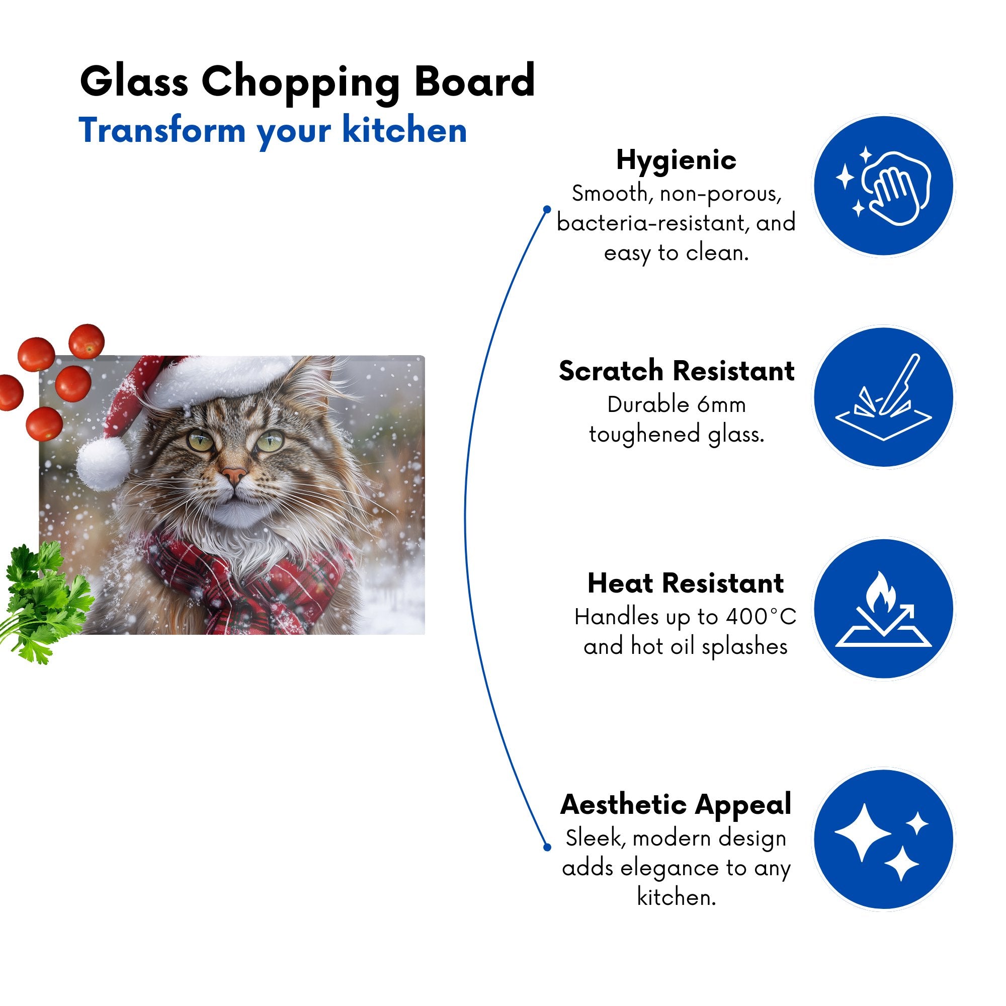 Snowy Christmas Maine Coon Cat Glass Chopping Board