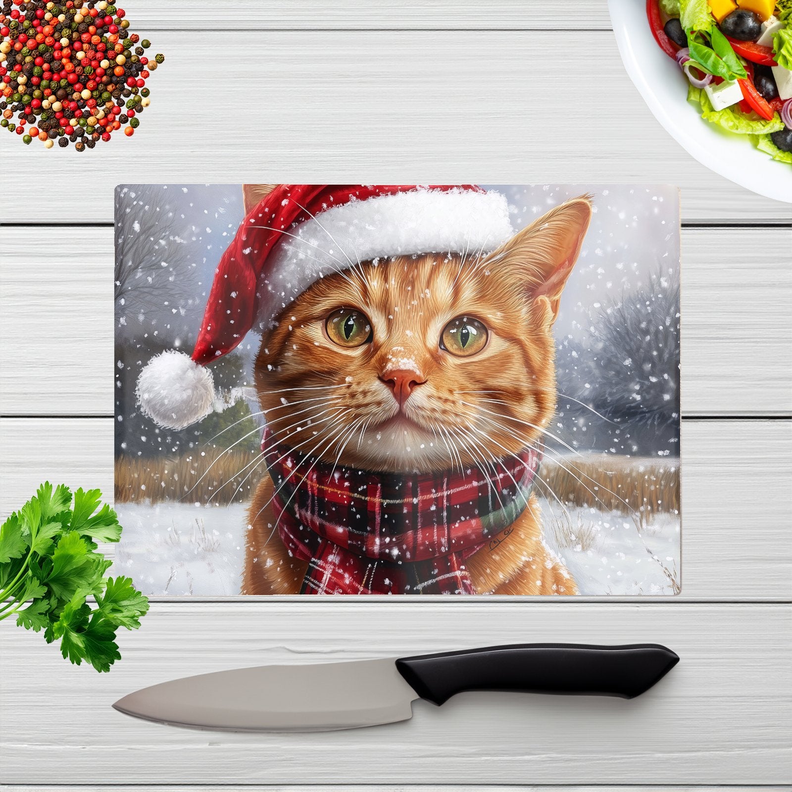 Christmas Ginger Shorthair Cat Glass Chopping Board
