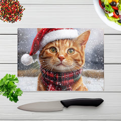 Christmas Ginger Shorthair Cat Glass Chopping Board