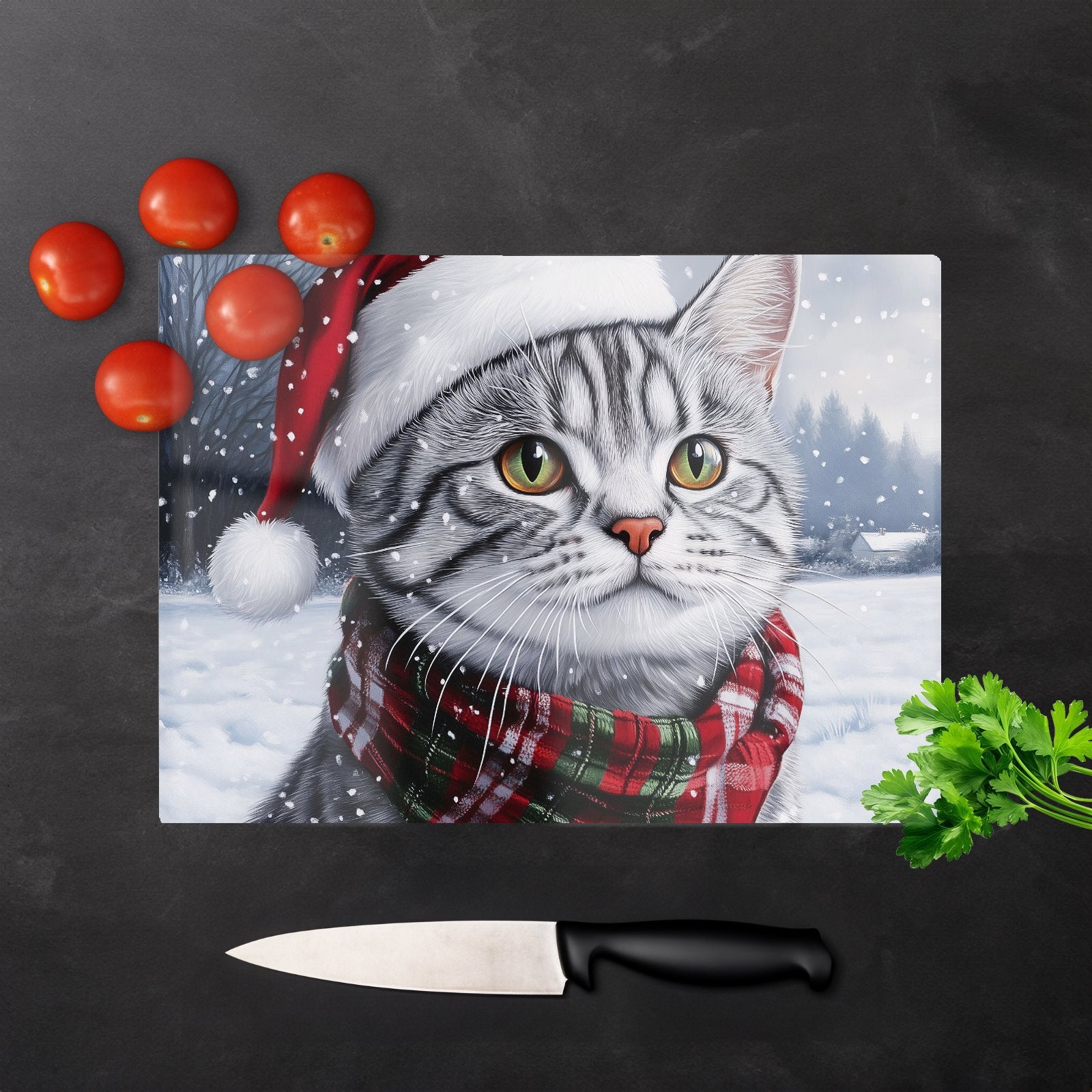 Christmas Silver Tabby Glass Chopping Board