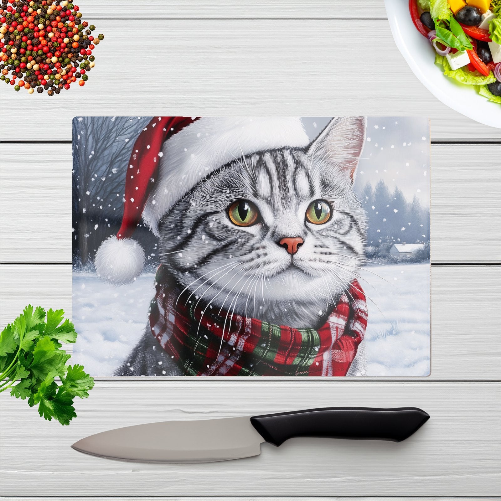 Christmas Silver Tabby Glass Chopping Board