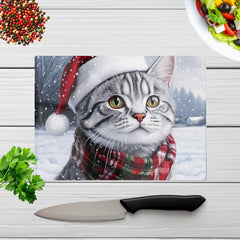 Christmas Silver Tabby Glass Chopping Board